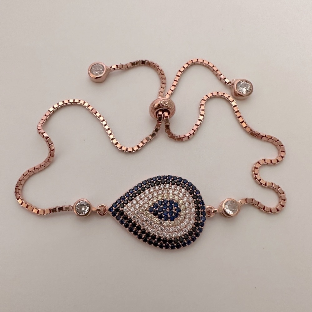 🧿925 Silver drop evileye bracelet cz stones tennis lock 14K rose gold plated